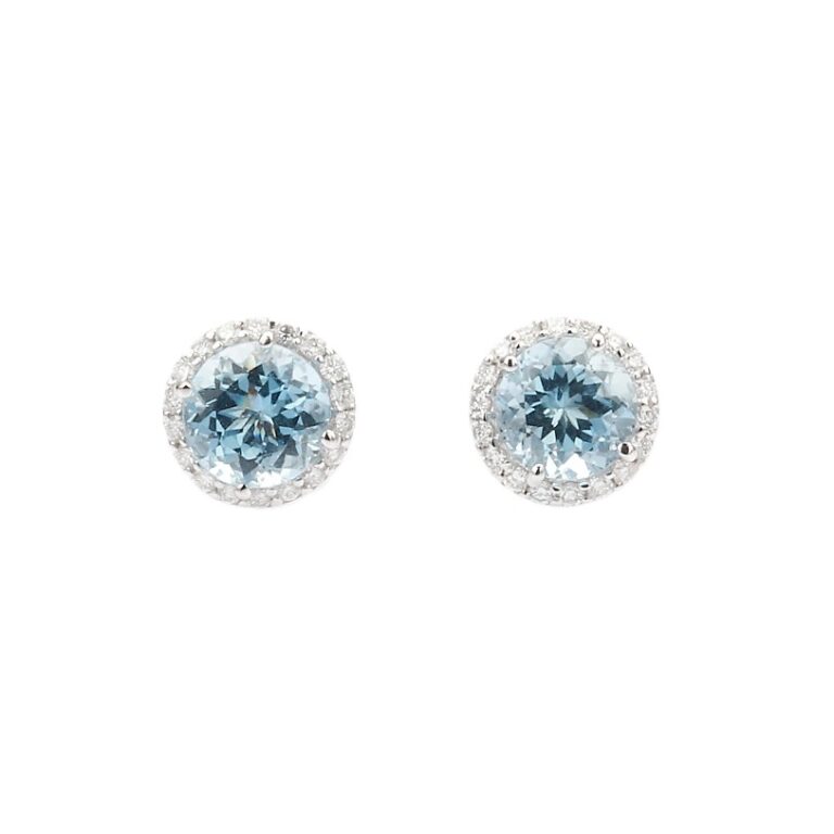 14K White Gold March Birthstone Studs with 1.50ctw Aquamarine & .22ctw Diamond Halo Earrings 3