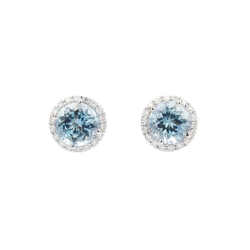 14K White Gold March Birthstone Studs with 1.50ctw Aquamarine & .22ctw Diamond Halo Earrings