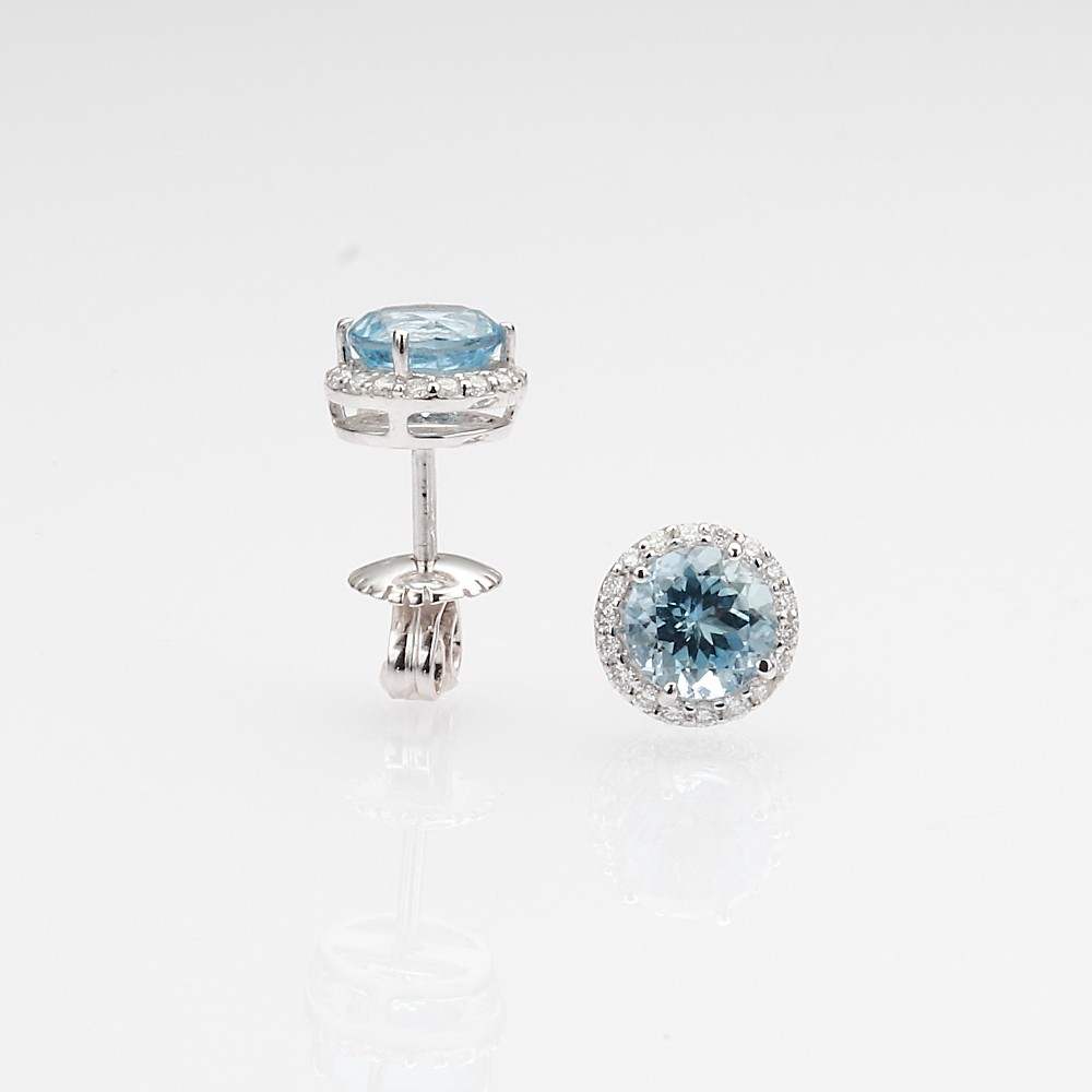 14K White Gold March Birthstone Studs with 1.50ctw Aquamarine & .22ctw Diamond Halo Earrings 2