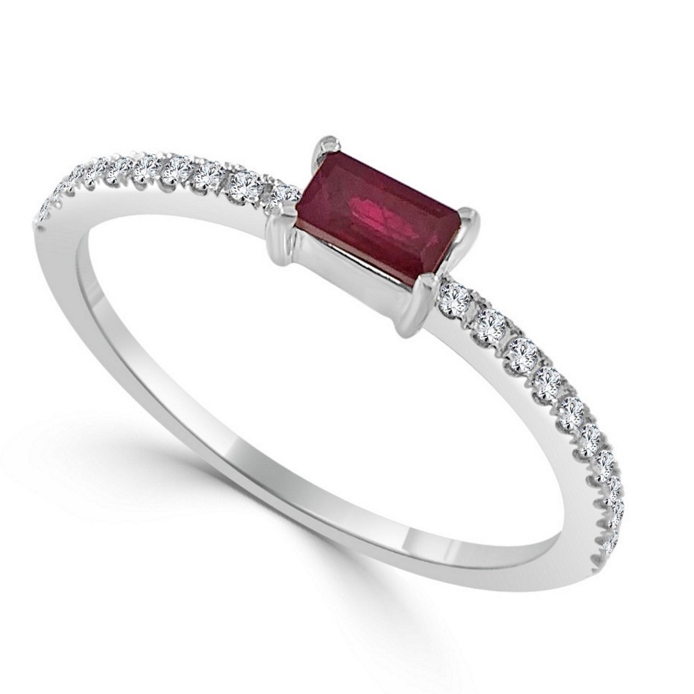 14K White Gold July Birthstone Ring with .14ct Baguette Ruby & .09ctw Diamonds Size 6.5 Fine Jewelry