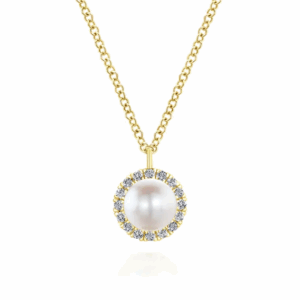 14K Yellow Gold June Birthstone Pendant with .35ct Freshwater Pearl & .13ctw Diamond Halo 14-16