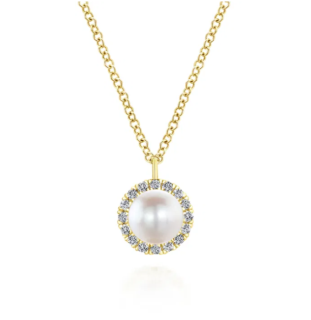 14K Yellow Gold June Birthstone Pendant with .35ct Freshwater Pearl & .13ctw Diamond Halo 14-16″ Fine Jewelry