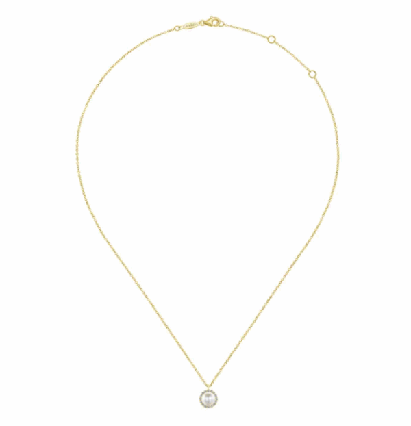14K Yellow Gold June Birthstone Pendant with .35ct Freshwater Pearl & .13ctw Diamond Halo 14-16″ Fine Jewelry 9