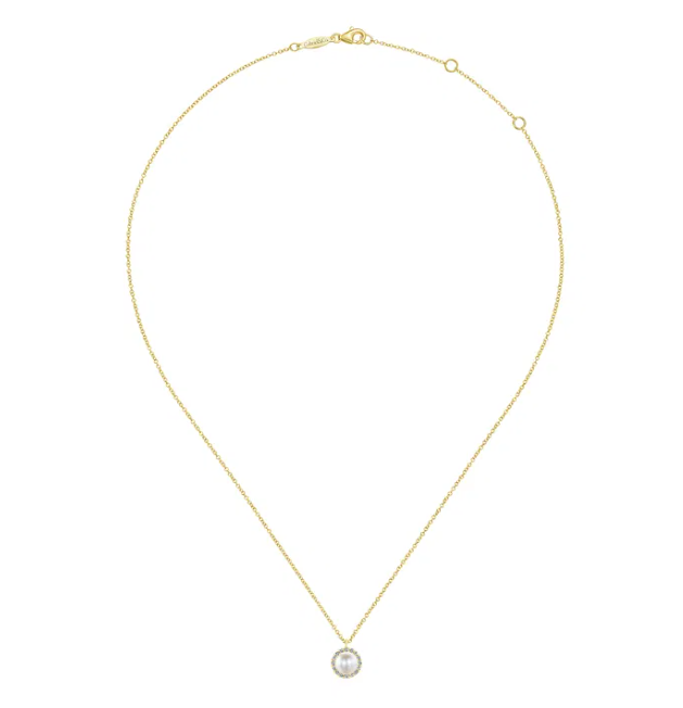 14K Yellow Gold June Birthstone Pendant with .35ct Freshwater Pearl & .13ctw Diamond Halo 14-16″ Fine Jewelry 3