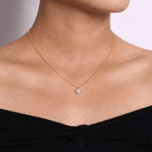 14K Yellow Gold June Birthstone Pendant with .35ct Freshwater Pearl & .13ctw Diamond Halo 14-16