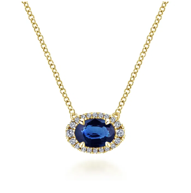 14K Yellow Gold East-West Pendant with .93ct Oval Blue Sapphire & .11ctw Diamond Halo 17.5″ Fine Jewelry