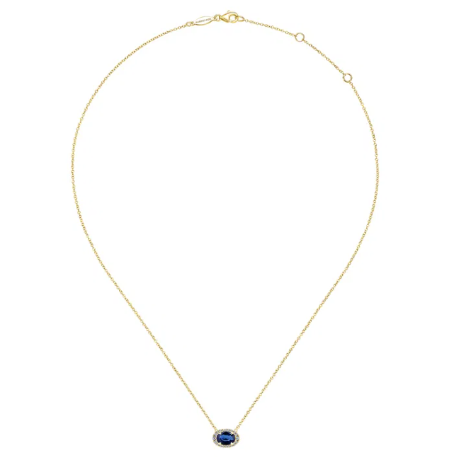 14K Yellow Gold East-West Pendant with .93ct Oval Blue Sapphire & .11ctw Diamond Halo 17.5″ Fine Jewelry 3