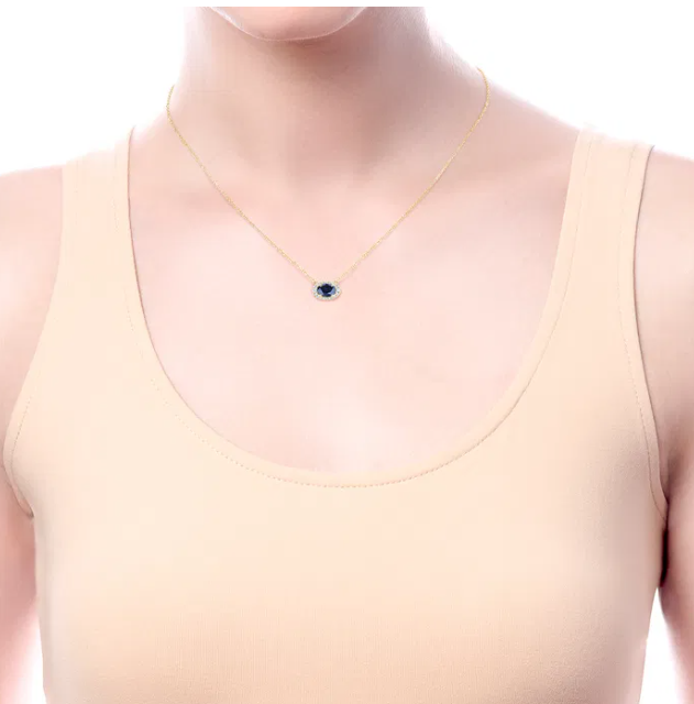 14K Yellow Gold East-West Pendant with .93ct Oval Blue Sapphire & .11ctw Diamond Halo 17.5″ Fine Jewelry 2