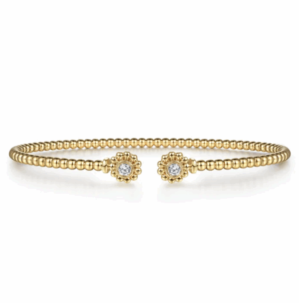 14K Yellow Gold Flower Cap Bangle with Bujukan Beads & .08ctw Diamonds Size 6.25 Bracelets 9