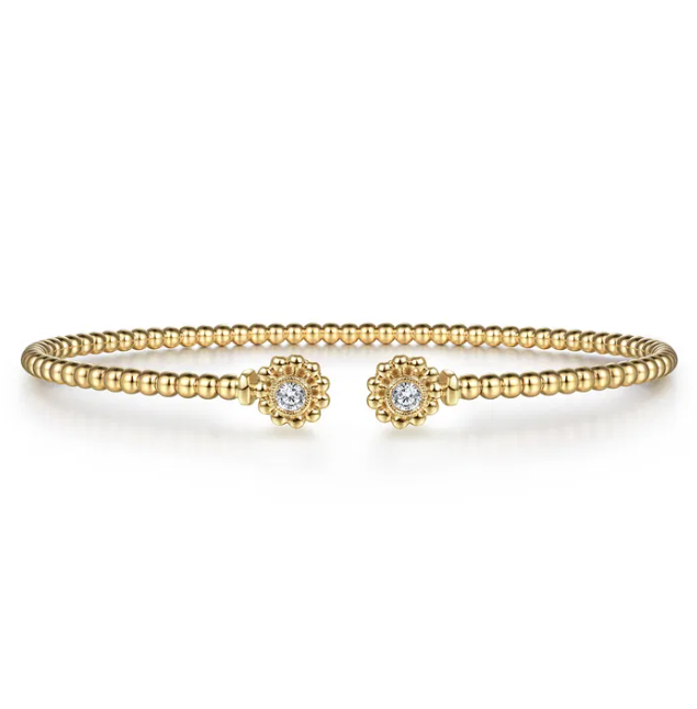14K Yellow Gold Flower Cap Bangle with Bujukan Beads & .08ctw Diamonds Size 6.25 Bracelets