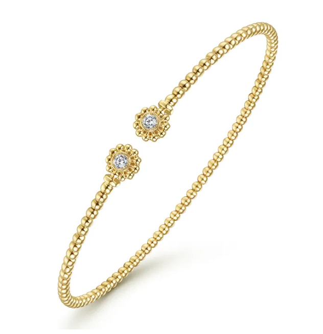 14K Yellow Gold Flower Cap Bangle with Bujukan Beads & .08ctw Diamonds Size 6.25 Bracelets 3