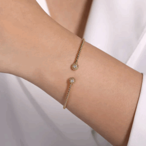 14K Yellow Gold Flower Cap Bangle with Bujukan Beads & .08ctw Diamonds Size 6.25