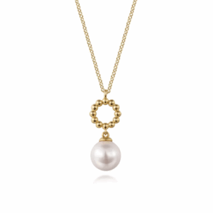 14K Yellow Gold Bujukan Bead Circle Drop Necklace with .80ct Pearl 17.5