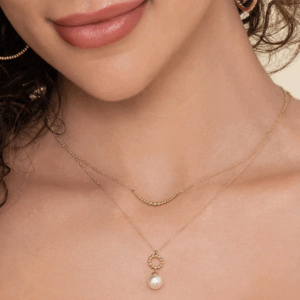 14K Yellow Gold Bujukan Bead Circle Drop Necklace with .80ct Pearl 17.5