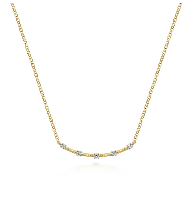 14K Yellow Gold Curved Bar Station Necklace with .06ctw Diamonds 17.5″ Fine Jewelry