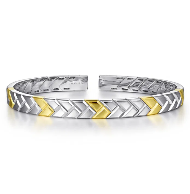 14K Two-Tone Gold Open Herringbone Cuff Bracelet Size 7.5 Bracelets