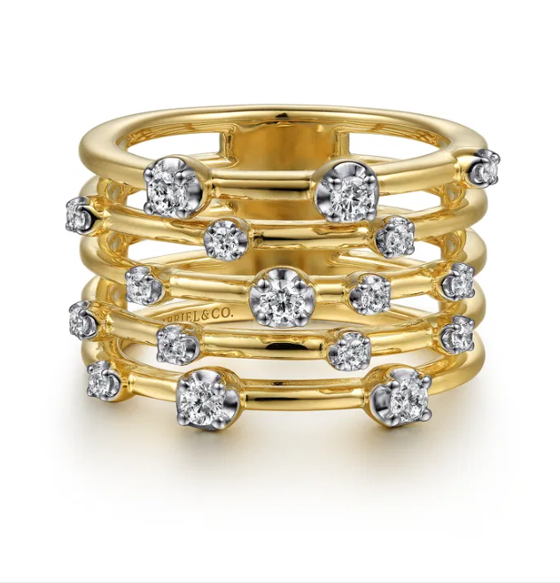 14K Yellow Gold Multi-Row Ring with .40ctw Round Diamonds Size 6.5 Fine Jewelry