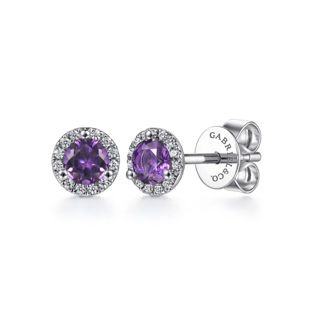 14K White Gold February Birthstone Studs with .41ctw Amethyst & .09ctw Diamond Halo Earrings