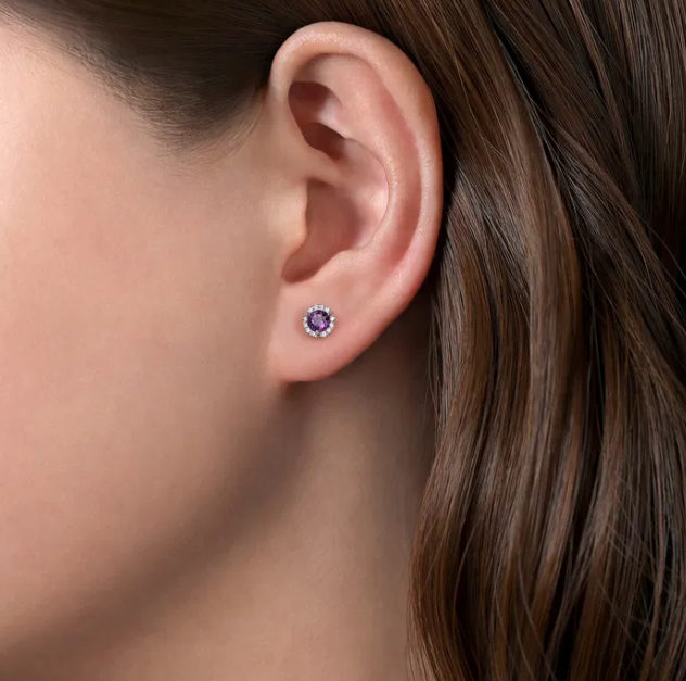 14K White Gold February Birthstone Studs with .41ctw Amethyst & .09ctw Diamond Halo Earrings 2