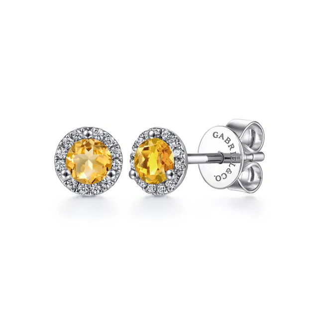 14K White Gold November Birthstone Studs with .50ctw Citrine & .08ctw Diamond Halo Earrings