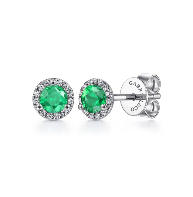 14K White Gold May Birthstone Studs with .49ctw Green Emeralds & .08ctw Diamond Halo Earrings