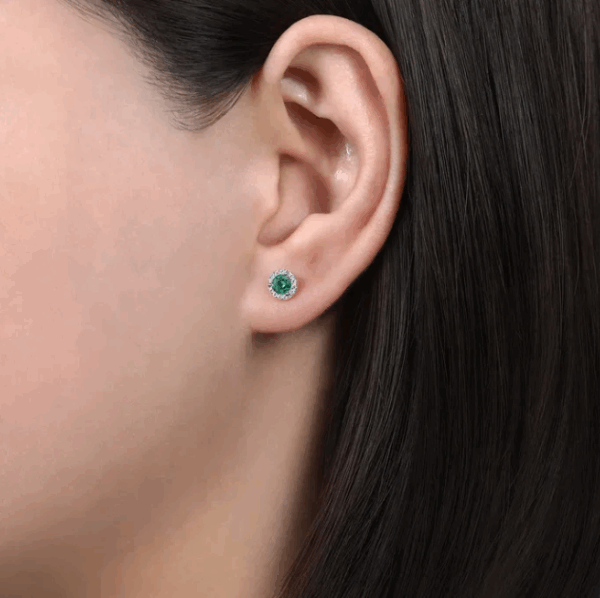 14K White Gold May Birthstone Studs with .49ctw Green Emeralds & .08ctw Diamond Halo Earrings 6
