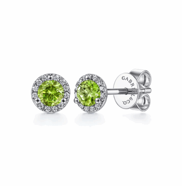 14K White Gold August Birthstone Studs with .47ctw Peridot & .08ctw Diamond Halo Earrings 5