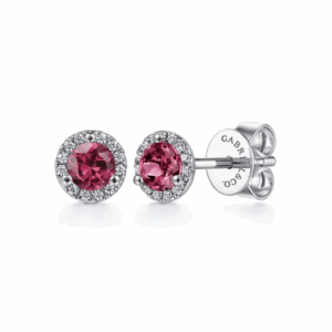 14K White Gold October Birthstone Studs with .55ctw Pink Tourmaline & .08ctw Diamond Halo