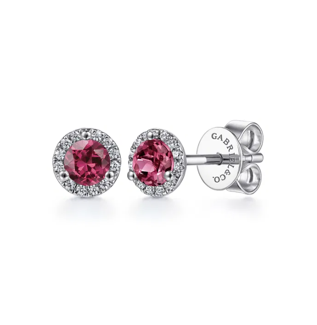 14K White Gold October Birthstone Studs with .55ctw Pink Tourmaline & .08ctw Diamond Halo Earrings