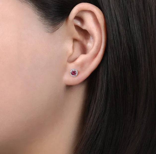 14K White Gold October Birthstone Studs with .55ctw Pink Tourmaline & .08ctw Diamond Halo Earrings 2