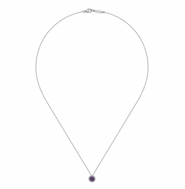 14K White Gold February Birthstone Pendant with .44ct Amethyst & .06ctw Diamond Halo 18″ Fine Jewelry 9
