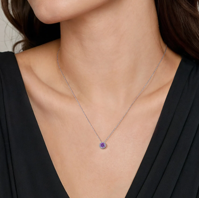 14K White Gold February Birthstone Pendant with .44ct Amethyst & .06ctw Diamond Halo 18″ Fine Jewelry 2