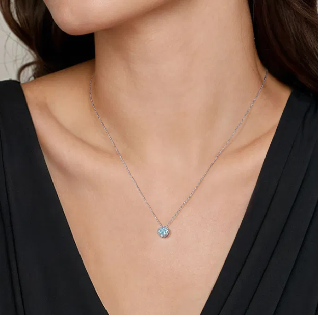 14K White Gold March Birthstone Pendant with .46ct Aquamarine & .07ctw Diamond Halo 18″ Fine Jewelry 2