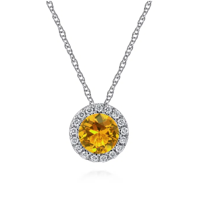 14K White Gold November Birthstone Pendant with .48ct Citrine & .06ctw Diamond Halo 18″ Fine Jewelry
