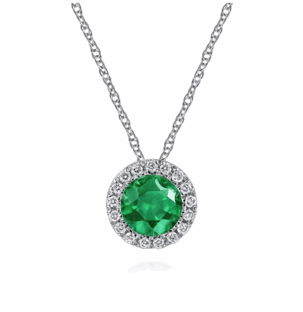 14K White Gold May Birthstone Pendant with .49ct Green Emerald & .06ctw Diamond Halo 18″ Fine Jewelry 7