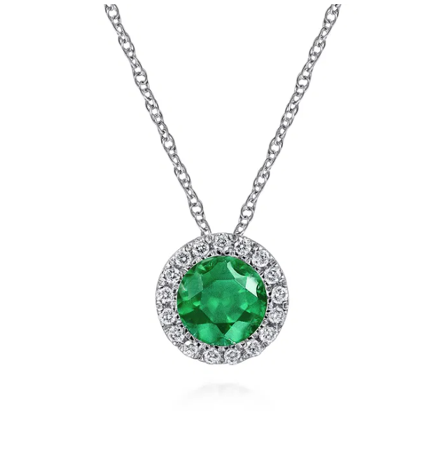 14K White Gold May Birthstone Pendant with .49ct Green Emerald & .06ctw Diamond Halo 18″ Fine Jewelry