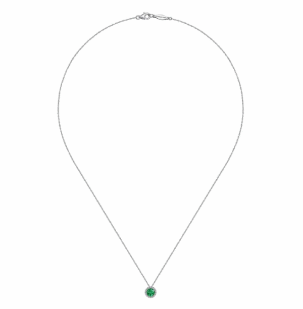 14K White Gold May Birthstone Pendant with .49ct Green Emerald & .06ctw Diamond Halo 18″ Fine Jewelry 9