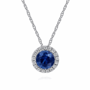 14K White Gold September Birthstone Pendant with .66ct Blue Sapphire & .06ctw Diamond Halo 18