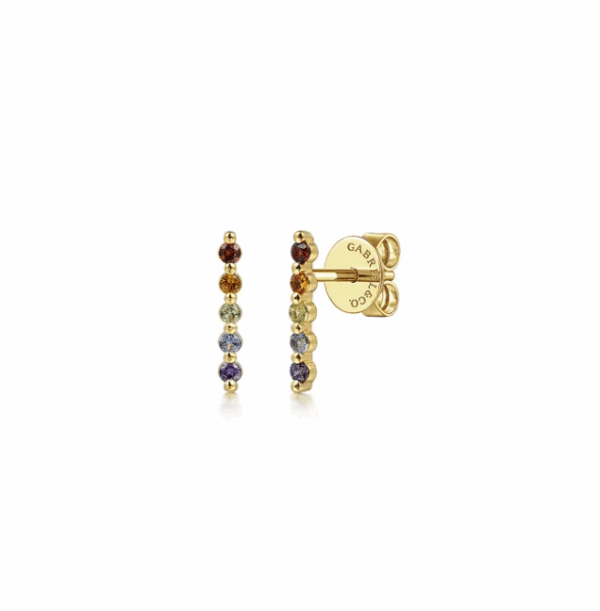 14K Yellow Gold Vertical Rainbow Bar Studs with .17ctw Multicolor Sapphires Earrings 5