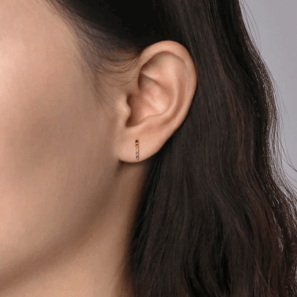 14K Yellow Gold Vertical Rainbow Bar Studs with .17ctw Multicolor Sapphires Earrings 6