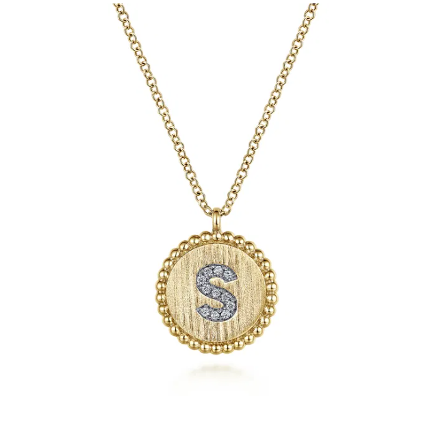 14K Yellow Gold Initial Letter “S” Medallion Pendant with .04ctw Diamonds 17.5″ Fine Jewelry