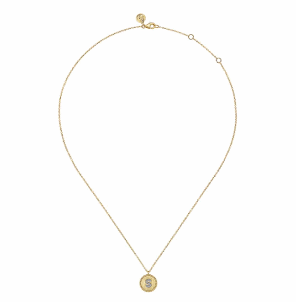 14K Yellow Gold Initial Letter “S” Medallion Pendant with .04ctw Diamonds 17.5″ Fine Jewelry 6