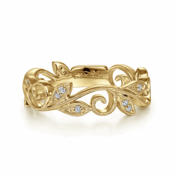 14K Yellow Gold Scrolling Floral Stackable Ring with .09ctw Diamonds Size 6.5 Fine Jewelry 11