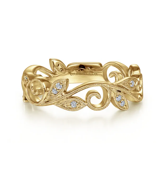 14K Yellow Gold Scrolling Floral Stackable Ring with .09ctw Diamonds Size 6.5 Fine Jewelry