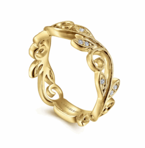 14K Yellow Gold Scrolling Floral Stackable Ring with .09ctw Diamonds Size 6.5 Fine Jewelry 9