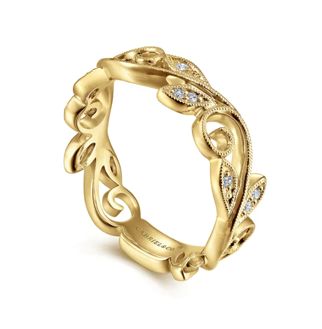 14K Yellow Gold Scrolling Floral Stackable Ring with .09ctw Diamonds Size 6.5 Fine Jewelry 4
