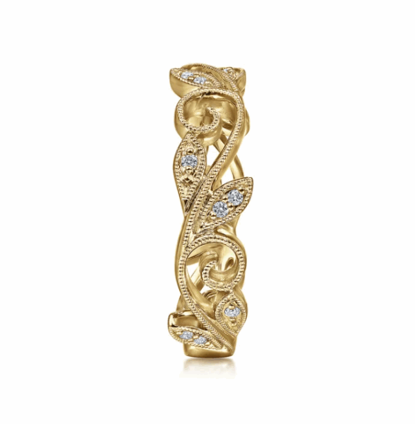 14K Yellow Gold Scrolling Floral Stackable Ring with .09ctw Diamonds Size 6.5 Fine Jewelry 15