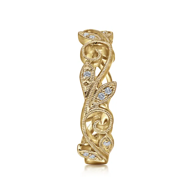 14K Yellow Gold Scrolling Floral Stackable Ring with .09ctw Diamonds Size 6.5 Fine Jewelry 5