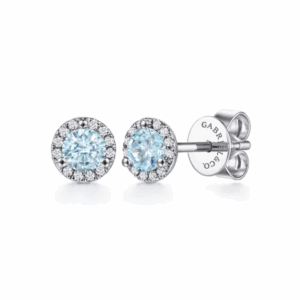 14K White Gold March Birthstone Studs with .44ctw Aquamarine & .08ctw Diamond Halo