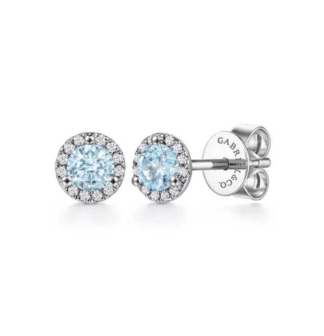 14K White Gold March Birthstone Studs with .44ctw Aquamarine & .08ctw Diamond Halo Earrings